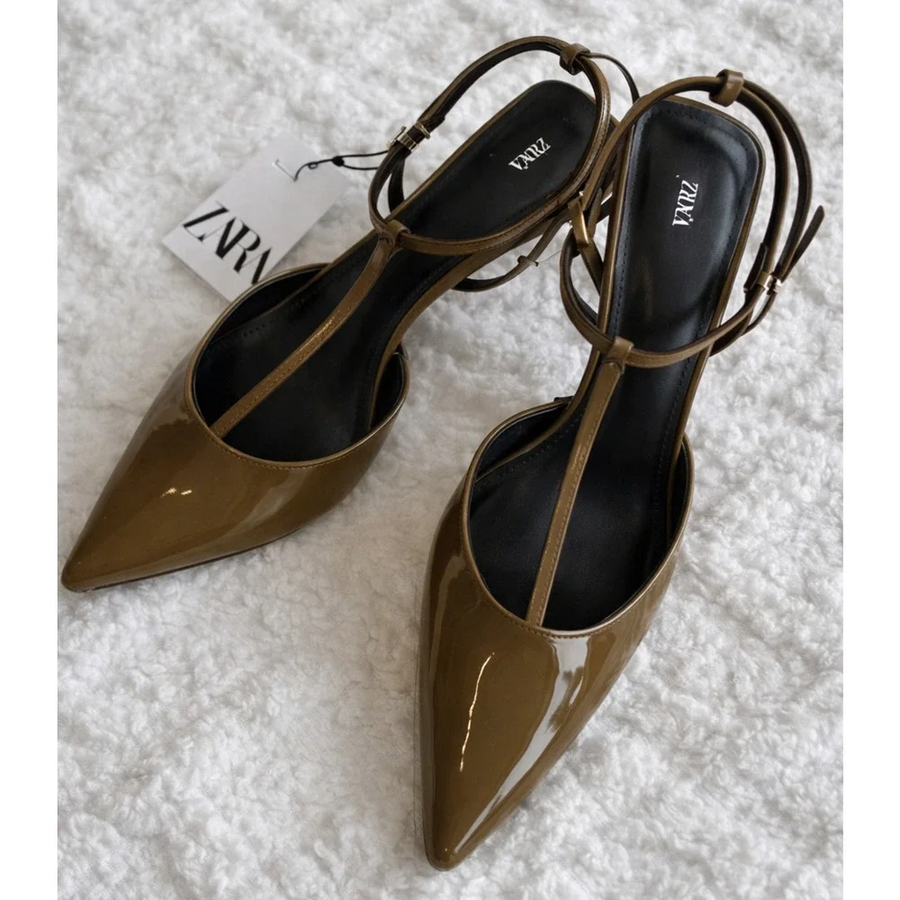Zara Olive Green Pointed Toe T-Strap Slingback Heels NWT - Picture 7 of 16